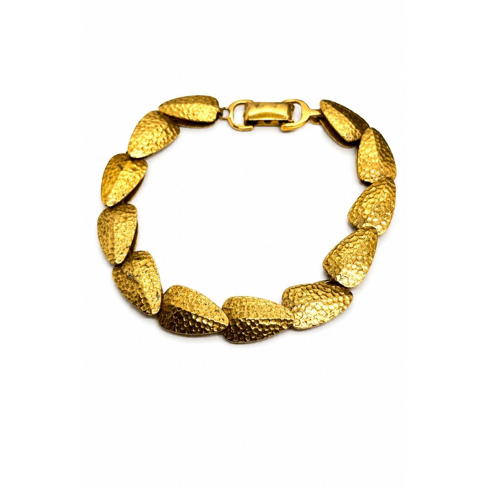 VINTAGE LEAF BRACELET Hammered Gold Tone Textured Link Signed Antilope